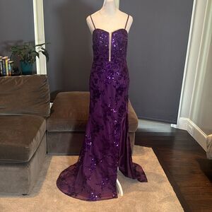Women’s Purple Mermaid Fit Prom Party Dress Sparkly Sequins Leg Slit Size 6
